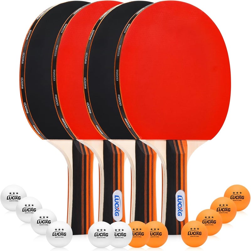 LUOXG Ping Pong Paddles Set of 4, Ping Pong Paddles and Balls, Table Tennis Rackets Set Suitable for Indoor and Outdoor Games, Family Games - Image 1